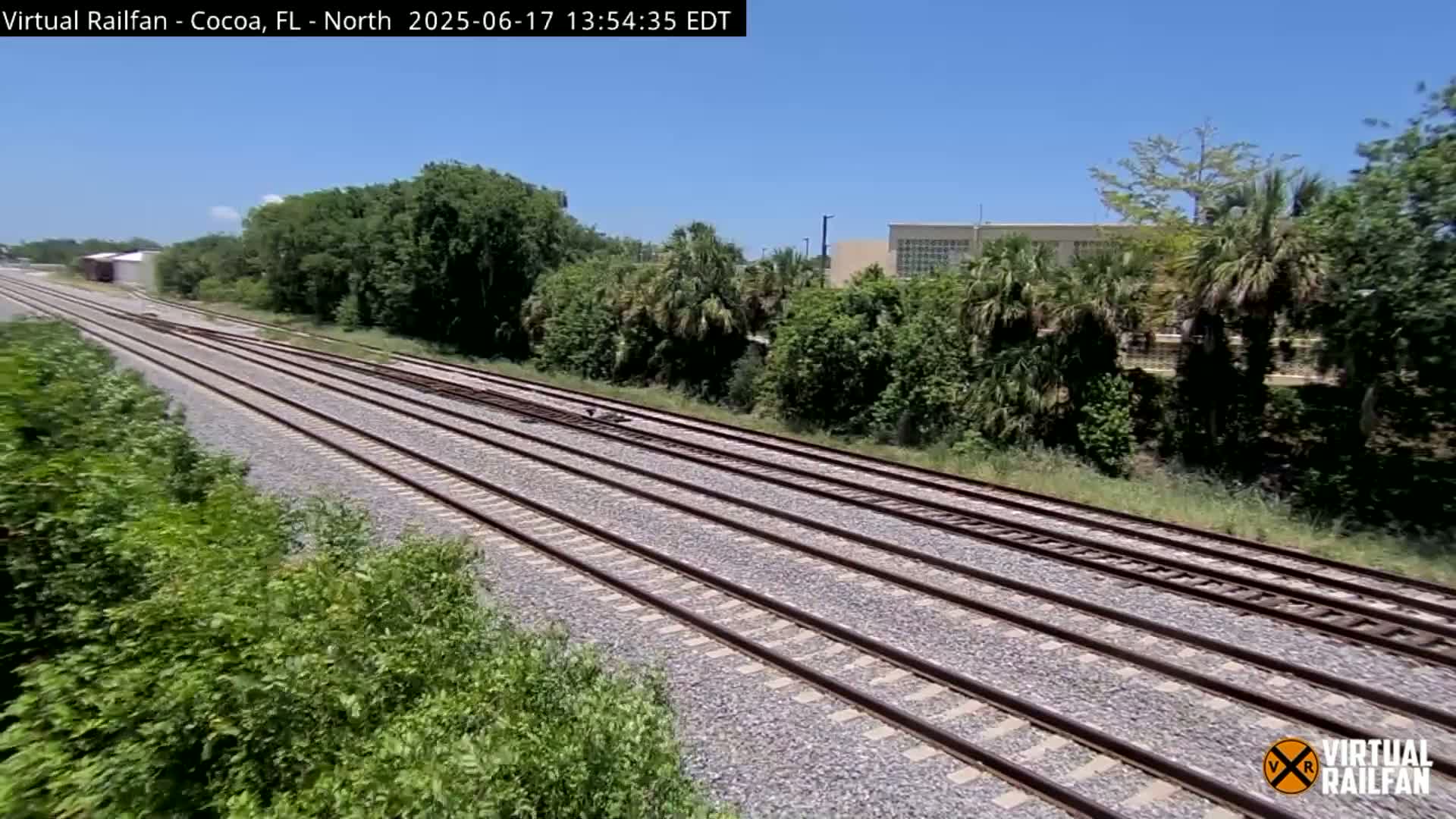 Multiple train tracks stretch into the distance under a clear sky, bordered by lush green vegetation.