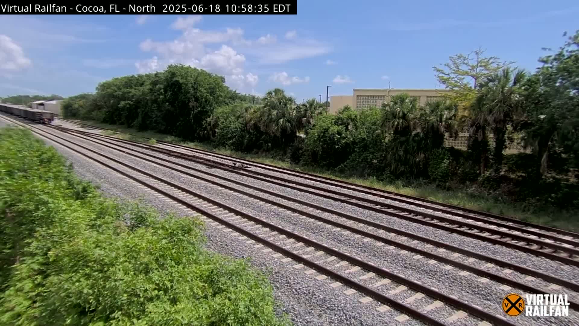 A freight train is traveling away from the camera along multiple parallel train tracks bordered by lush green vegetation under a partly cloudy sky.