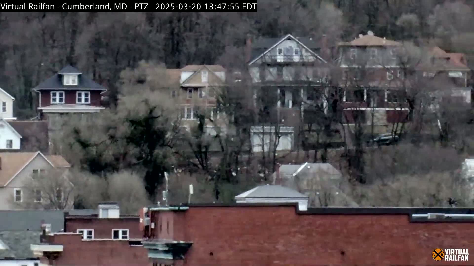 A long-range view shows a hillside residential area with houses of varying sizes and architectural styles, partially obscured by bare winter trees under an overcast sky.