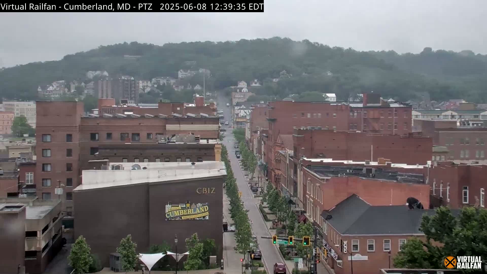 A long, tree-lined street in a city with mostly brick buildings stretches toward a hill covered in green foliage under an overcast sky.