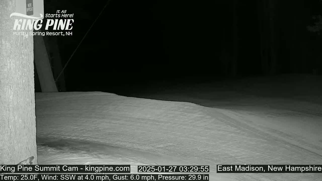 A nighttime, low-light image shows a snow-covered slope under a dark sky with a slight wind.
