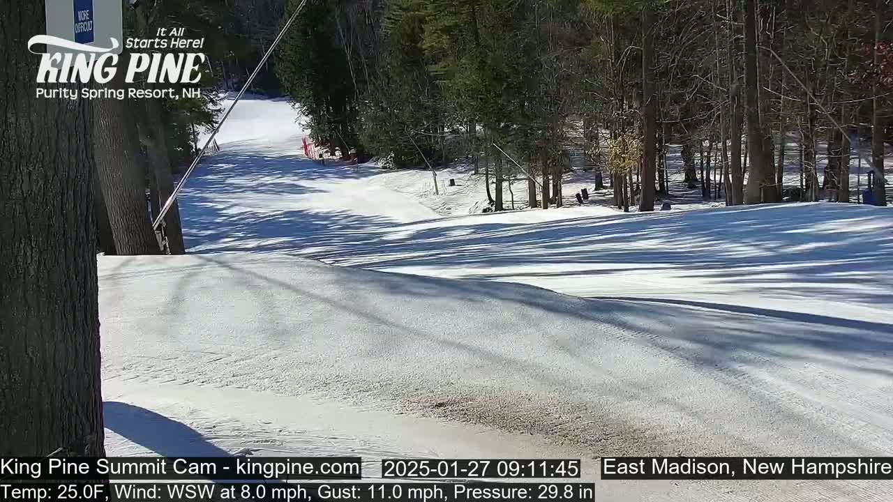 A snow-covered ski slope gently descends into a wooded area on a sunny day with a southwest wind.