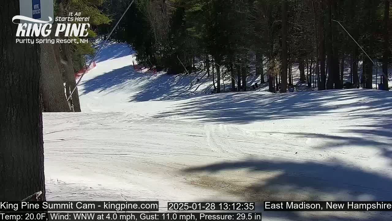 A snow-covered ski slope descends into a wooded area on a sunny day with a 20°F temperature and a WNW wind.