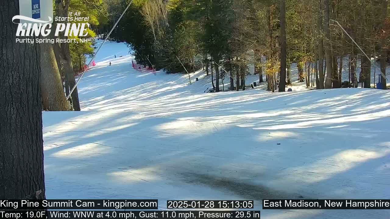 A snow-covered ski slope with trees lining the sides on a sunny day with a light wind.
