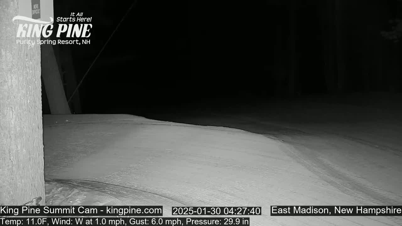 A nighttime, snow-covered slope is visible under a dark sky with a slight westerly wind.