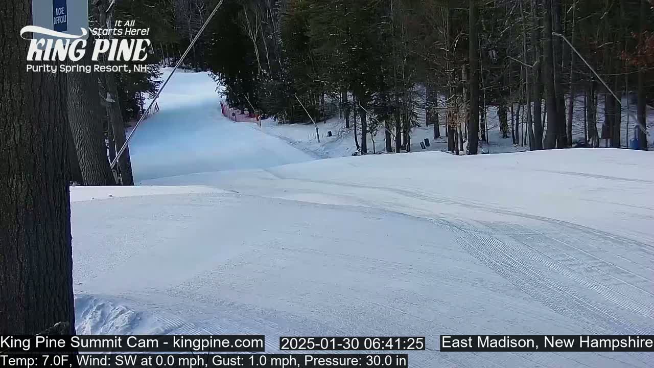 A snow-covered ski slope descends gently into a wooded area under a clear sky.