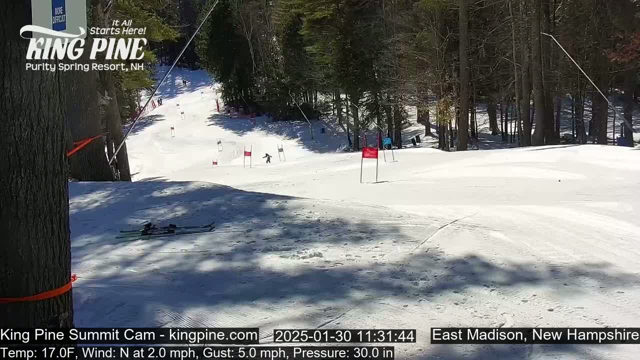 A skier descends a snow-covered ski slope on a sunny day with a light north wind.