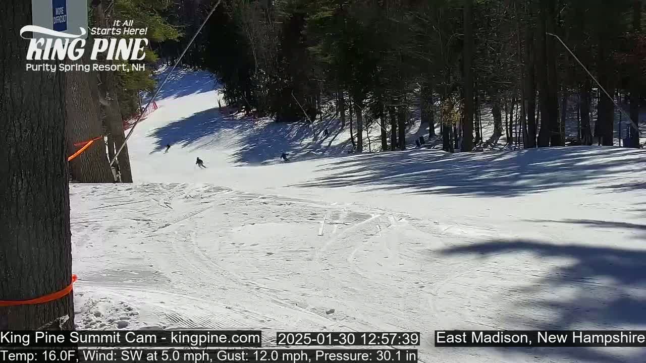 A snowy ski slope with a few skiers visible, surrounded by trees on a sunny day with a southwest wind.