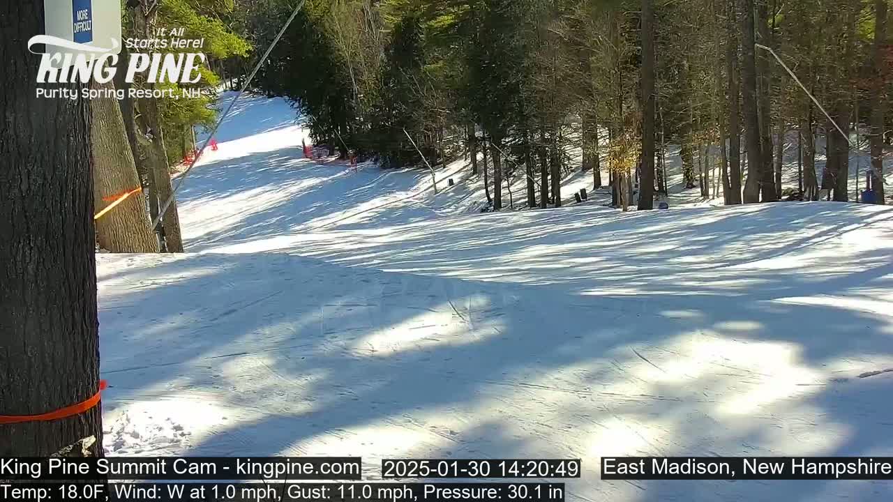 A snowy ski slope on a sunny day with a slight westerly wind, surrounded by a forest of trees.