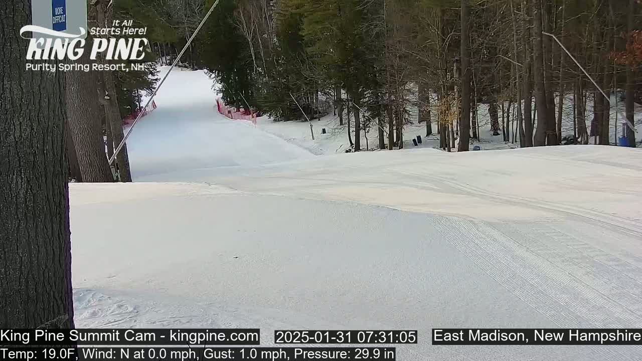 A snow-covered ski slope winds through a wooded area on a partly sunny day with a temperature of 19°F and a light north wind.