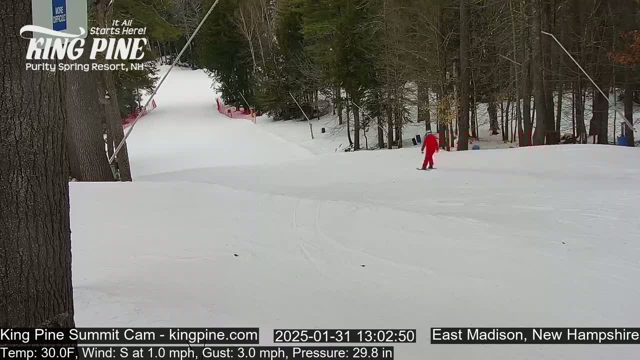 A person in red skis down a snow-covered slope in a wooded area with a temperature of 30°F, a south wind of 1 mph, and gusts up to 3 mph.