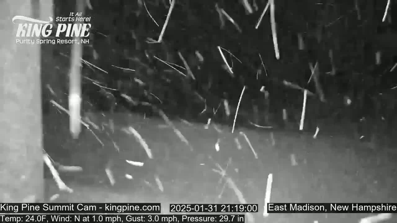 Snow falls at night against a dark background.