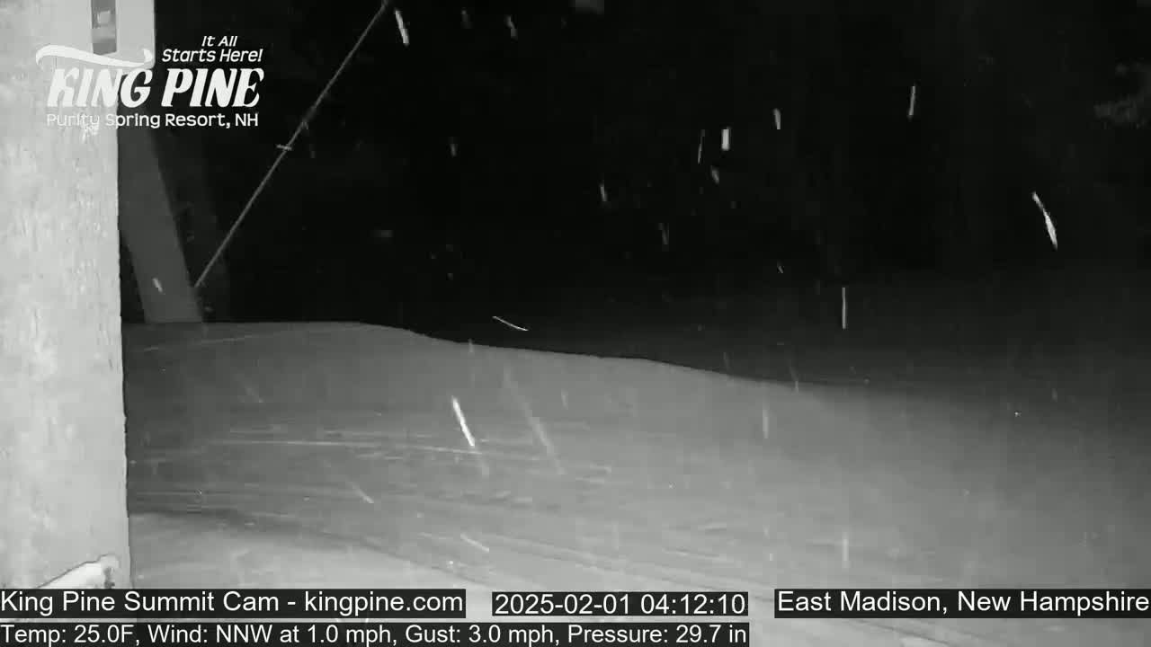 A nighttime snow scene shows light snowfall over a snow-covered ground.