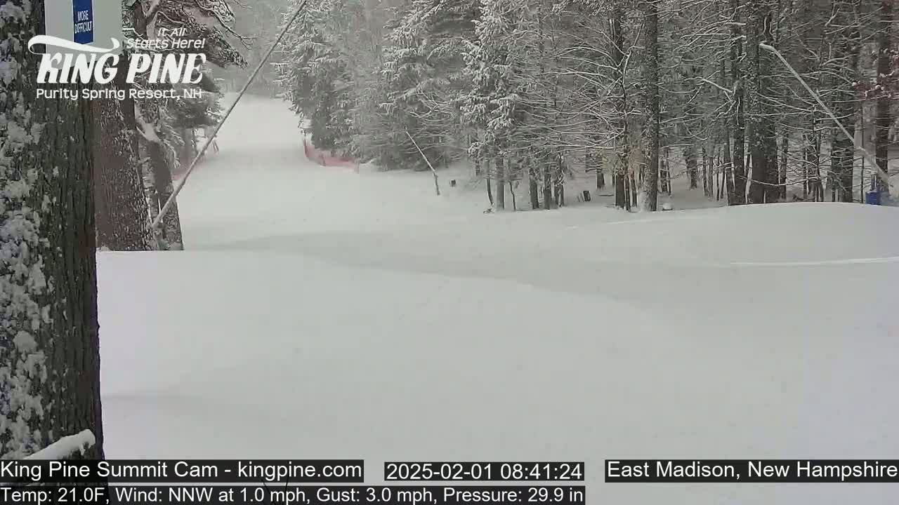 A snow-covered ski slope is seen, with snow falling lightly and trees lining the background.