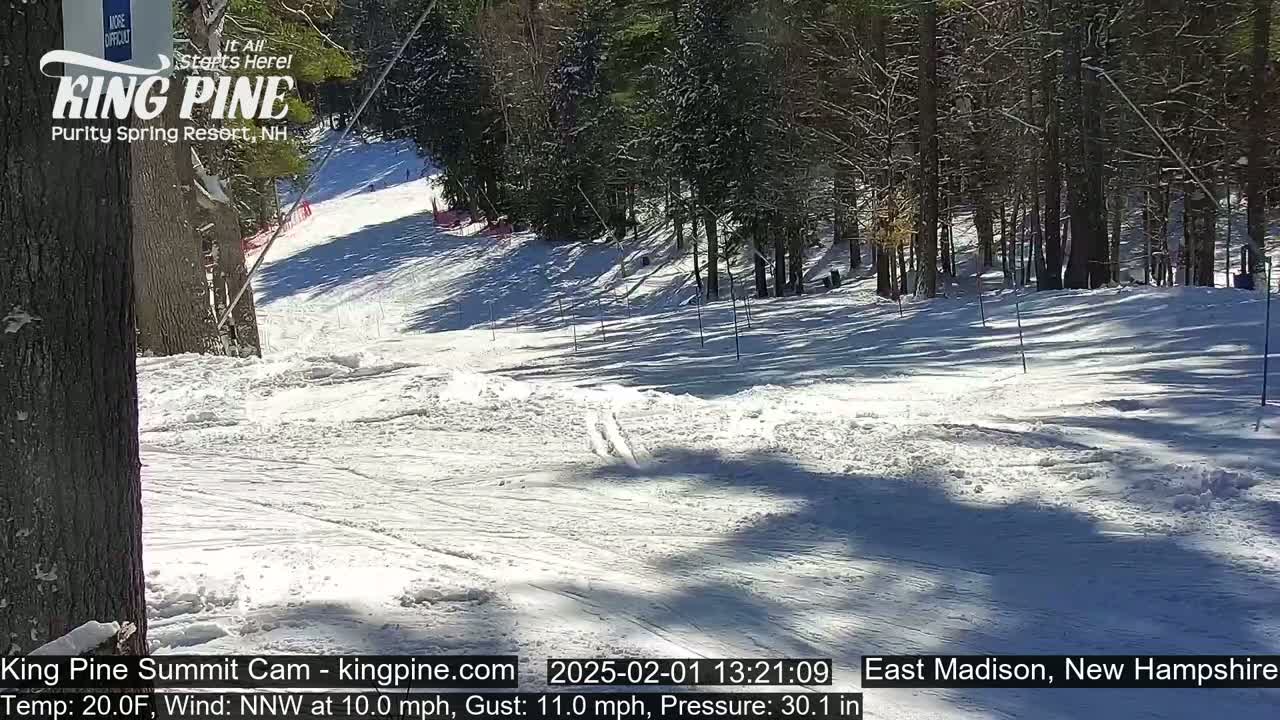 A snow-covered ski slope in a sunny wooded area with a northwest wind.