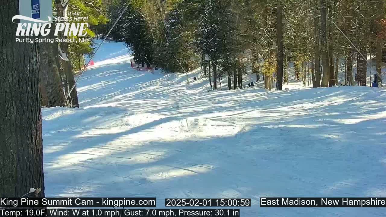 A snow-covered ski slope in a sunny, wooded area with a light westerly wind.