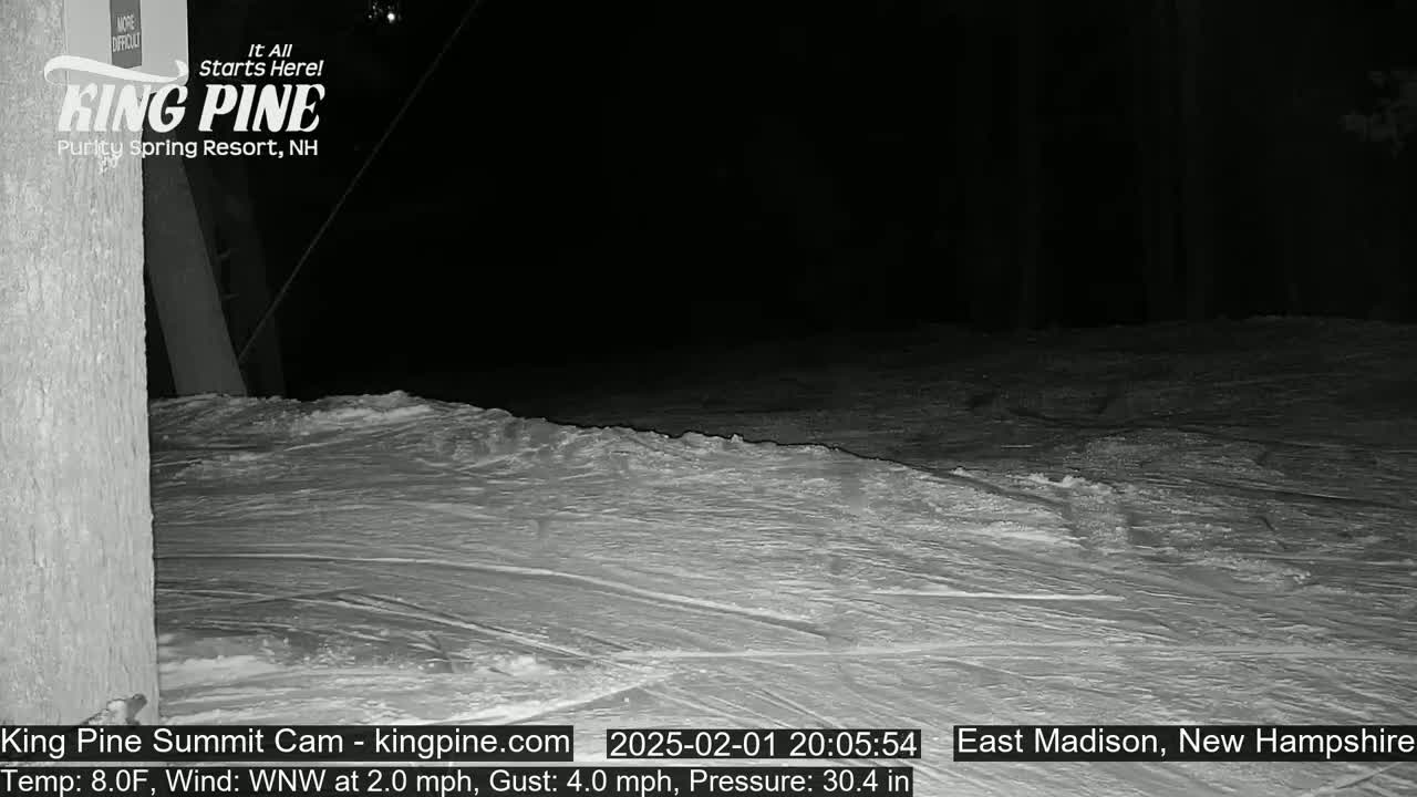 A snow-covered slope is visible at night under a dark sky, with a faint wind blowing.