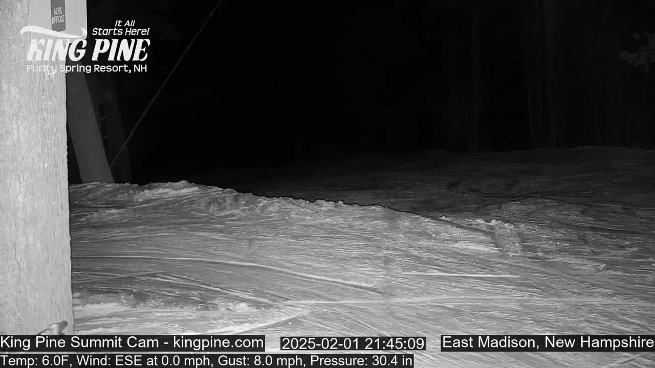 A snow-covered slope is visible at night, with a calm wind.