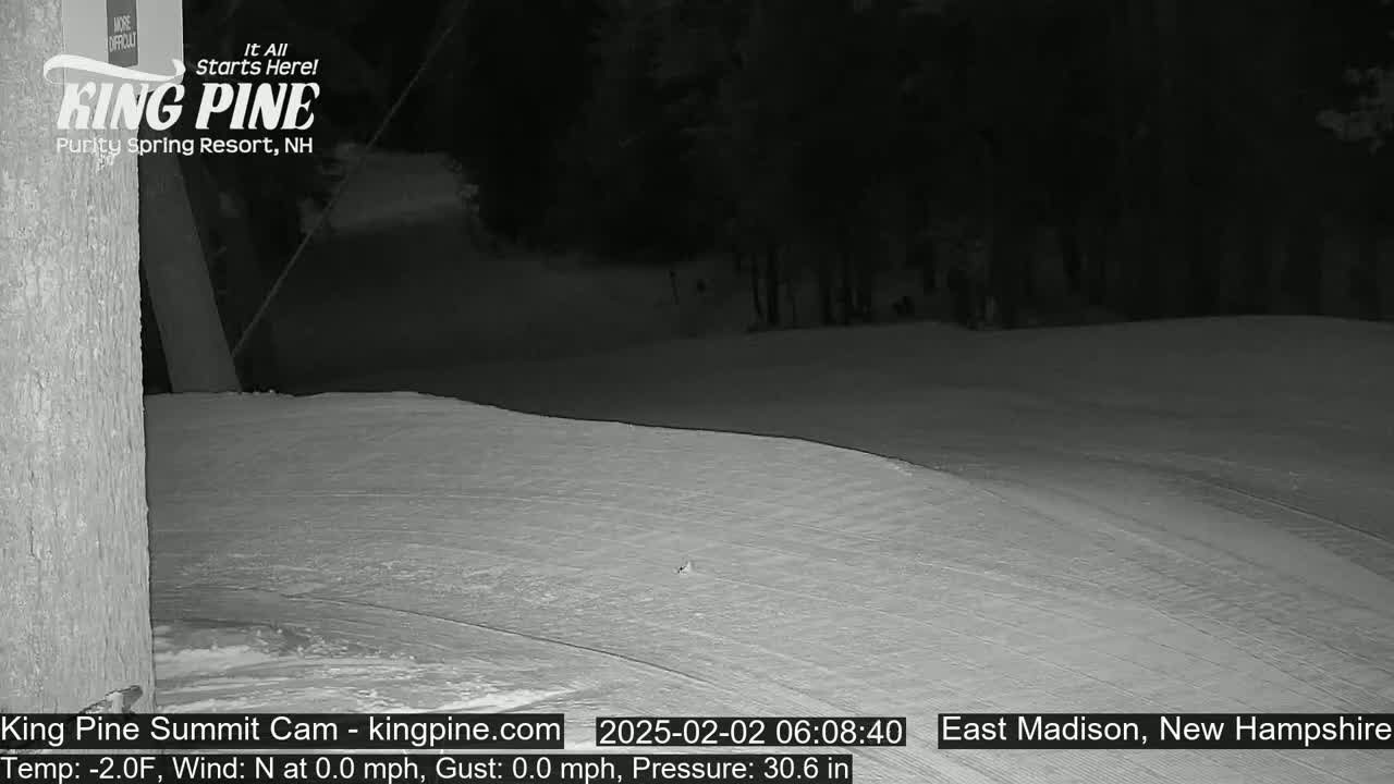 A snow-covered slope at night, illuminated by artificial light, with a dark forest in the background.