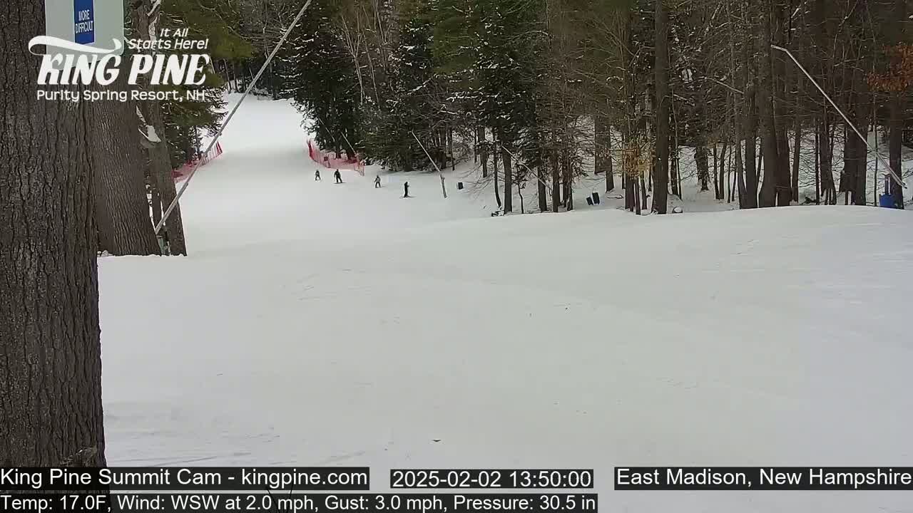 A snow-covered ski slope with several skiers visible, surrounded by a wooded area in snowy conditions.