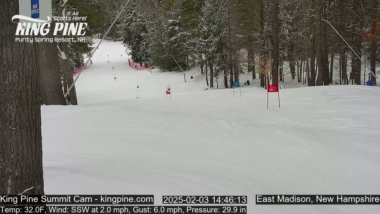 A snow-covered ski slope with sparsely spaced trees on either side, under a cloudy sky with a light south-southwesterly wind.