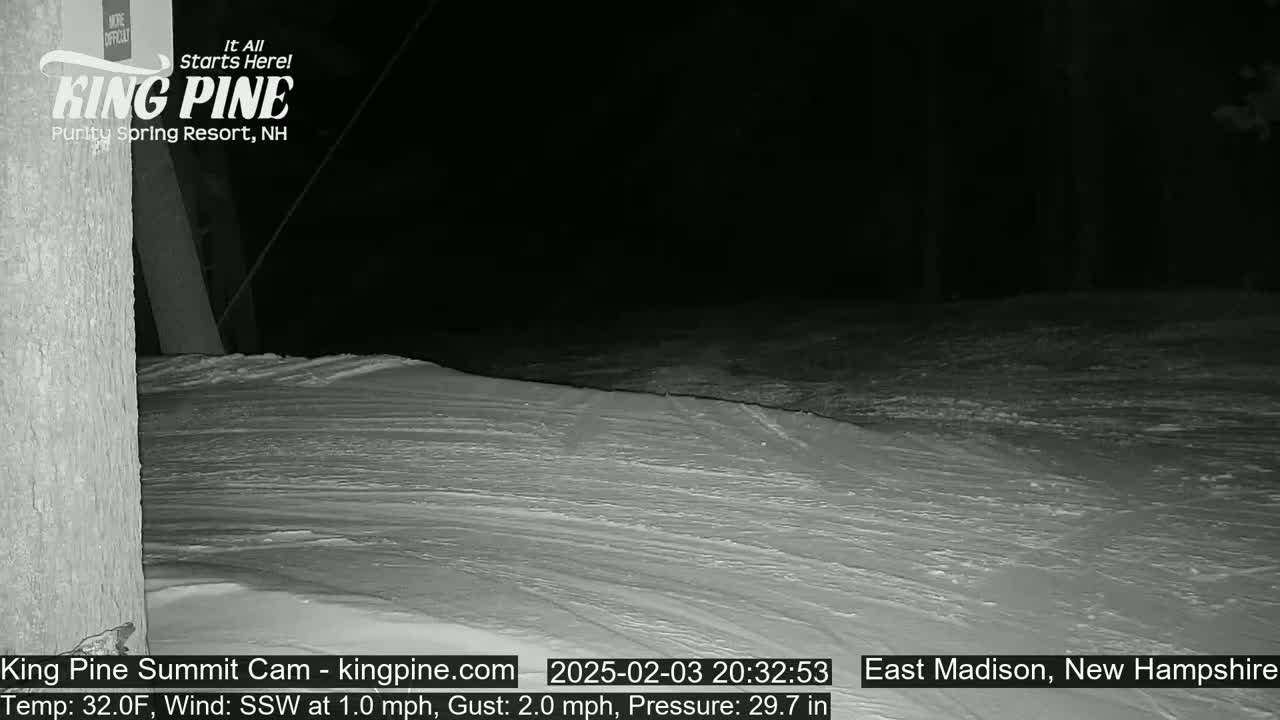 A snow-covered slope is visible at night under a dark sky, with a light wind.
