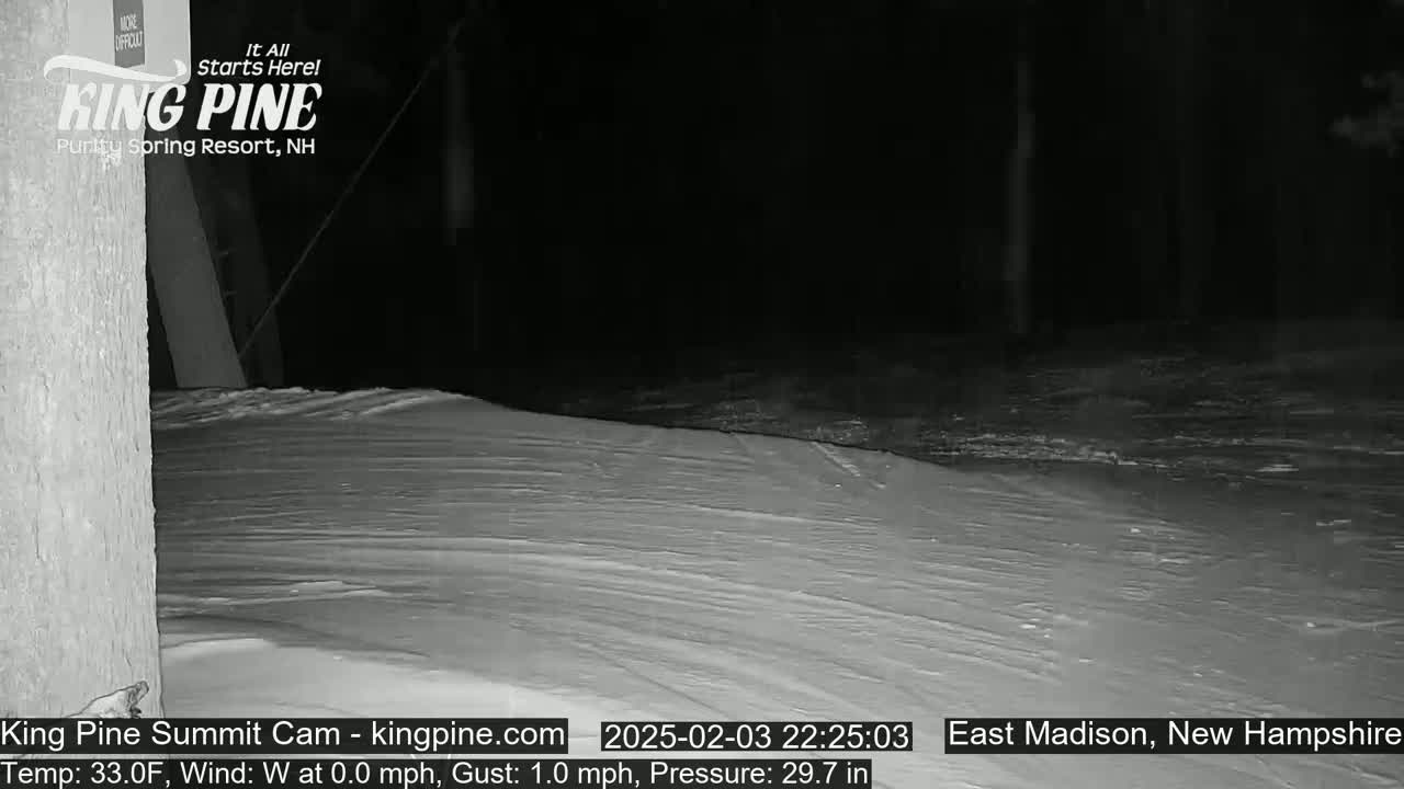 A nighttime, snow-covered slope is visible under a dark sky, with a slight wind.