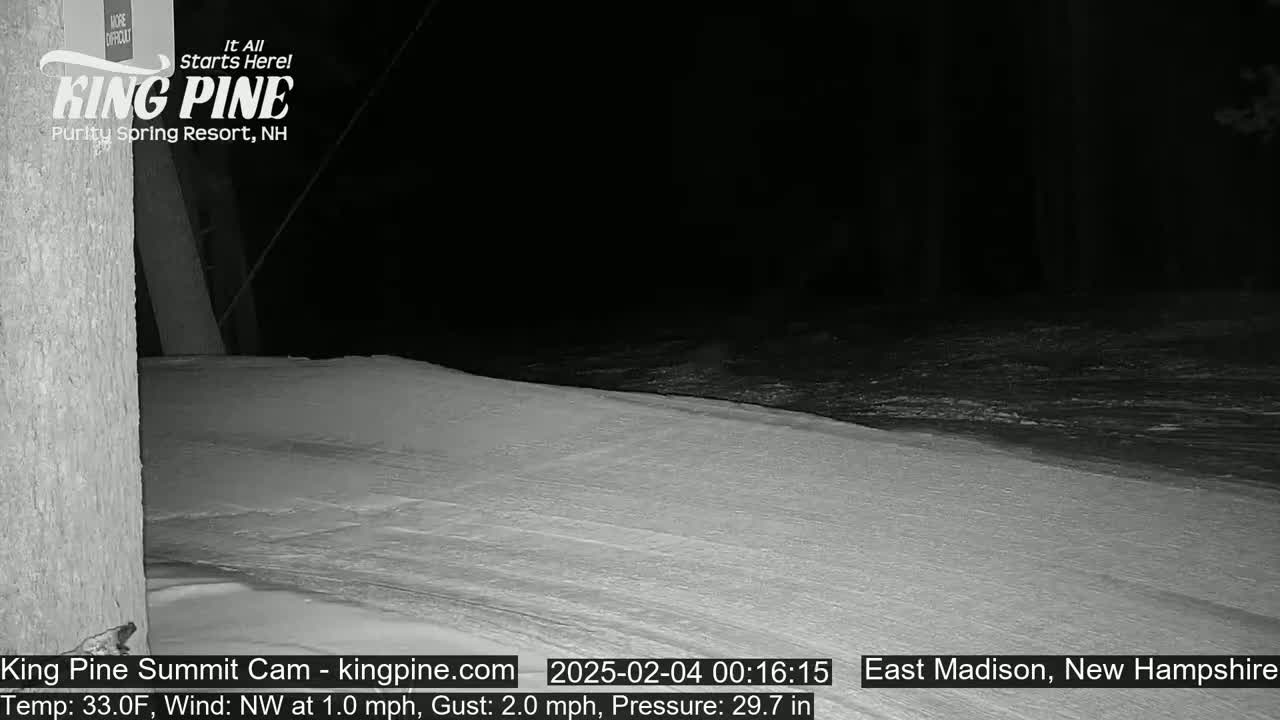 A snow-covered ground extends from the bottom of the frame toward a dark, nighttime background under a clear sky with a northwest wind.