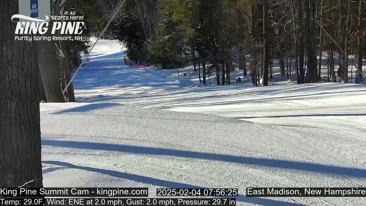 A snow-covered ski slope on a sunny day, with trees lining the edges.