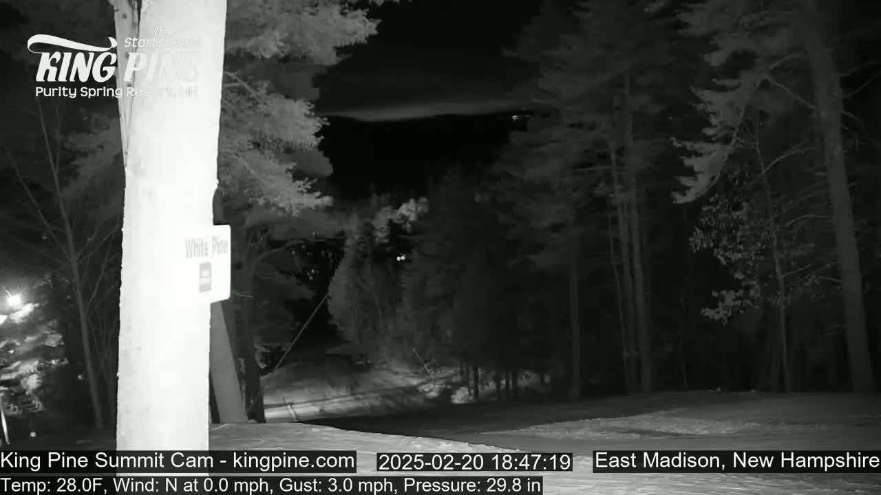 A nighttime view of a snow-covered area in a wooded area, with a calm wind and a temperature of 28°F.
