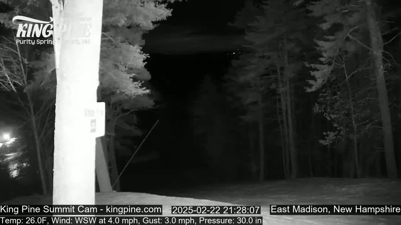 A nighttime, black-and-white view of a snow-covered clearing in a wooded area with a wind of 4 mph from the west-southwest.