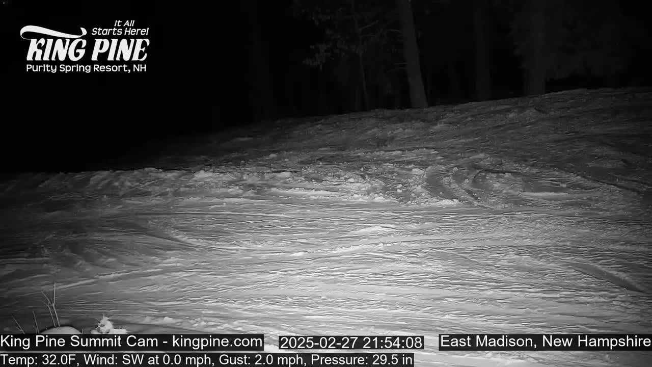A snow-covered slope at night, under a dark sky, with a slight wind.