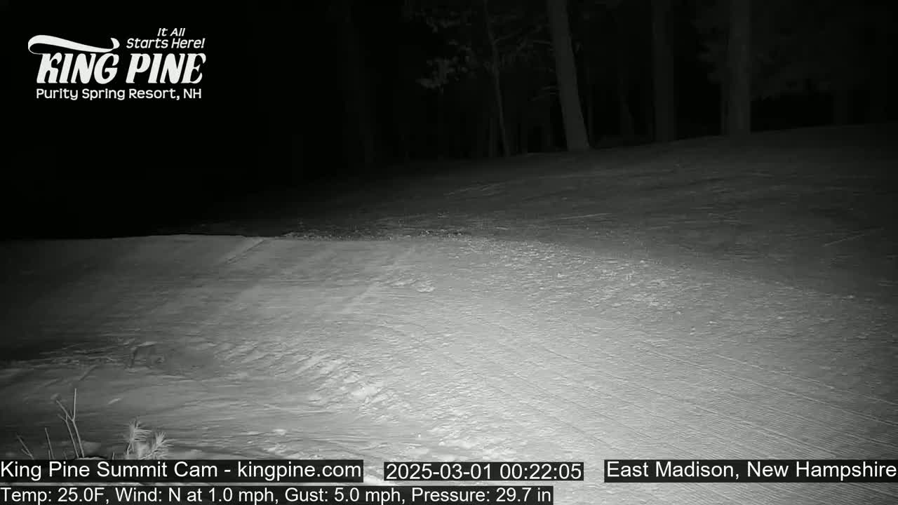 A snow-covered landscape at night, under a dark sky, with a slight northerly wind.