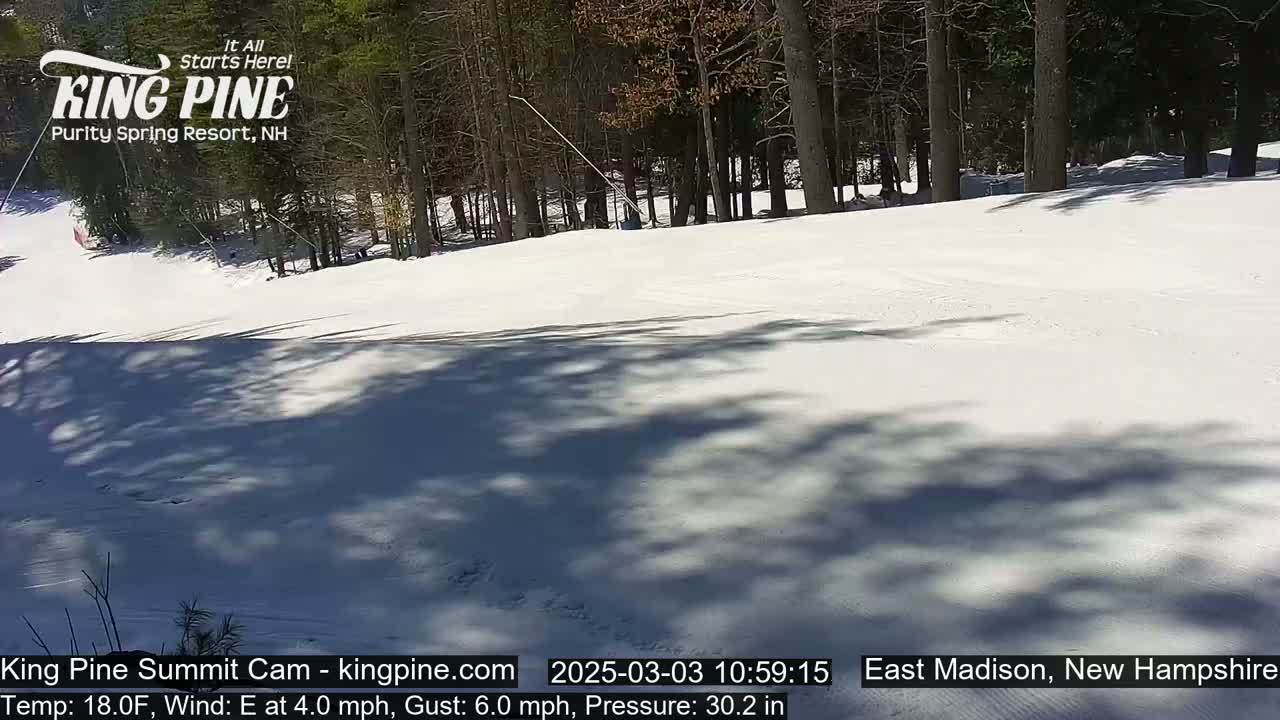 A snow-covered ski slope is visible, with trees lining the background under sunny conditions and a slight easterly wind.