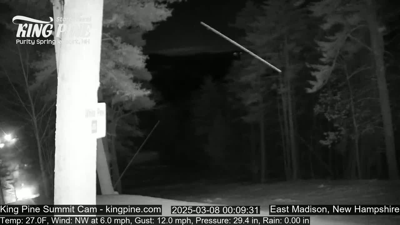 A nighttime, black-and-white image shows a long, thin, bright object streaking across a dark, wooded area under a clear sky with a temperature of 27°F and a northwest wind.
