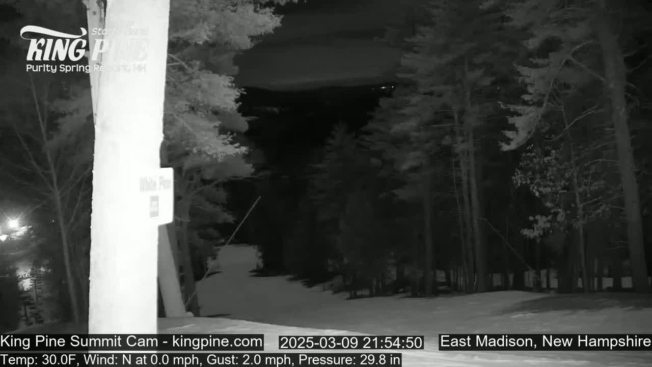A nighttime, snow-covered scene shows a path leading through a wooded area under a dark sky.