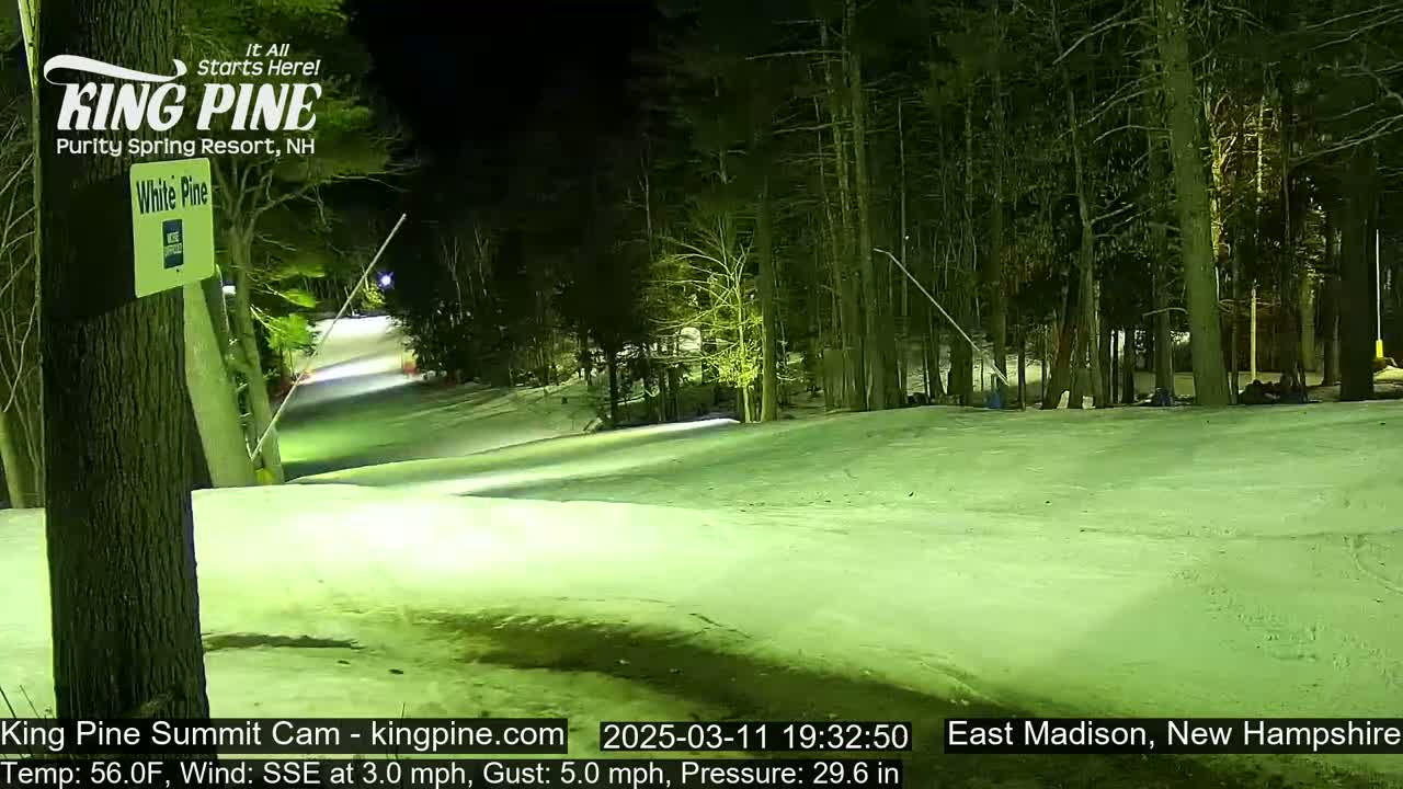 A snow-covered ski slope at night, illuminated by artificial lights, is surrounded by a dark forest.