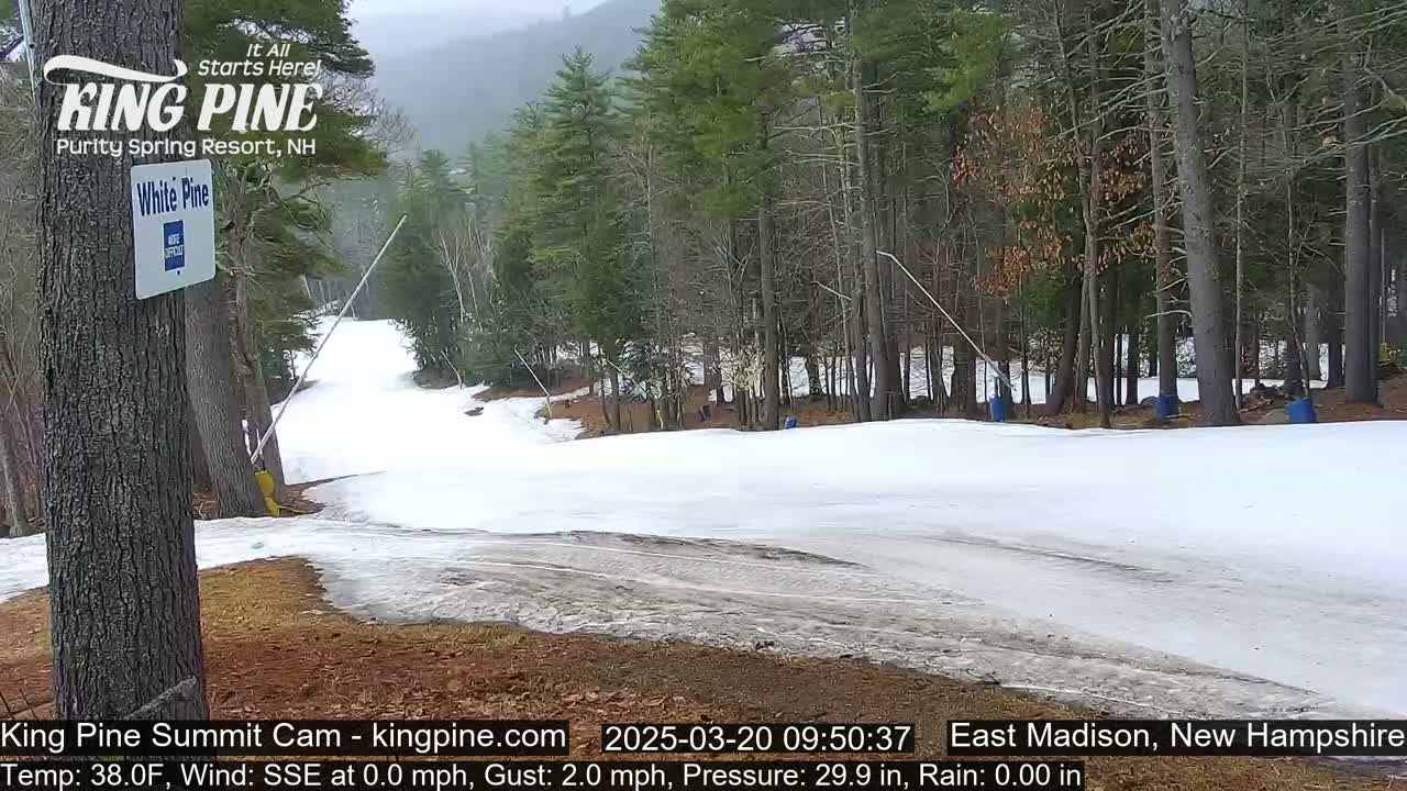 A mostly snow-covered ski slope winds through a sparsely wooded area under an overcast sky.