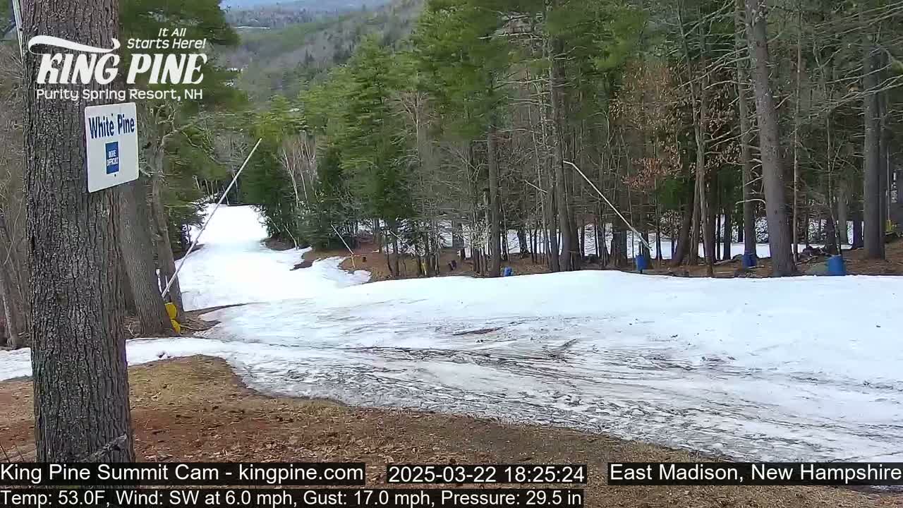 A snow-covered ski slope winds through a forest of mostly evergreen trees under a partly sunny sky.