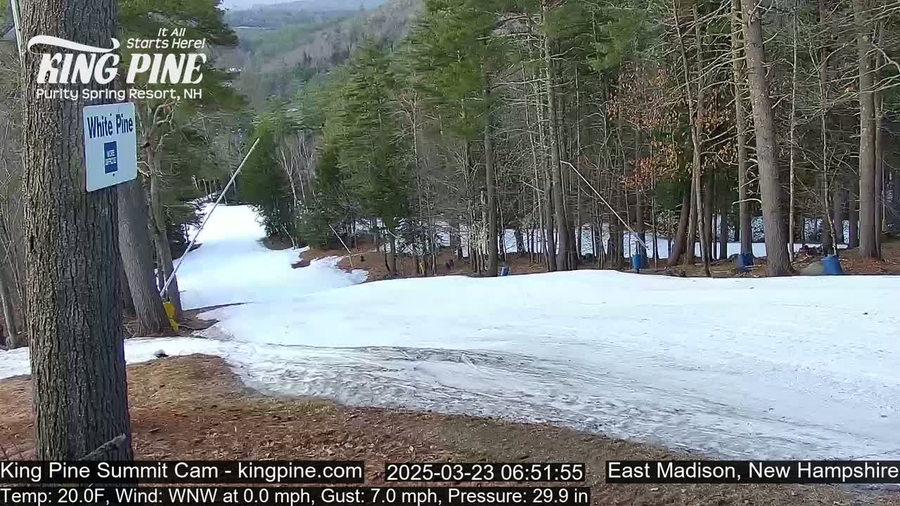 A snow-covered ski slope winds through a sparsely wooded area under a mostly clear sky.
