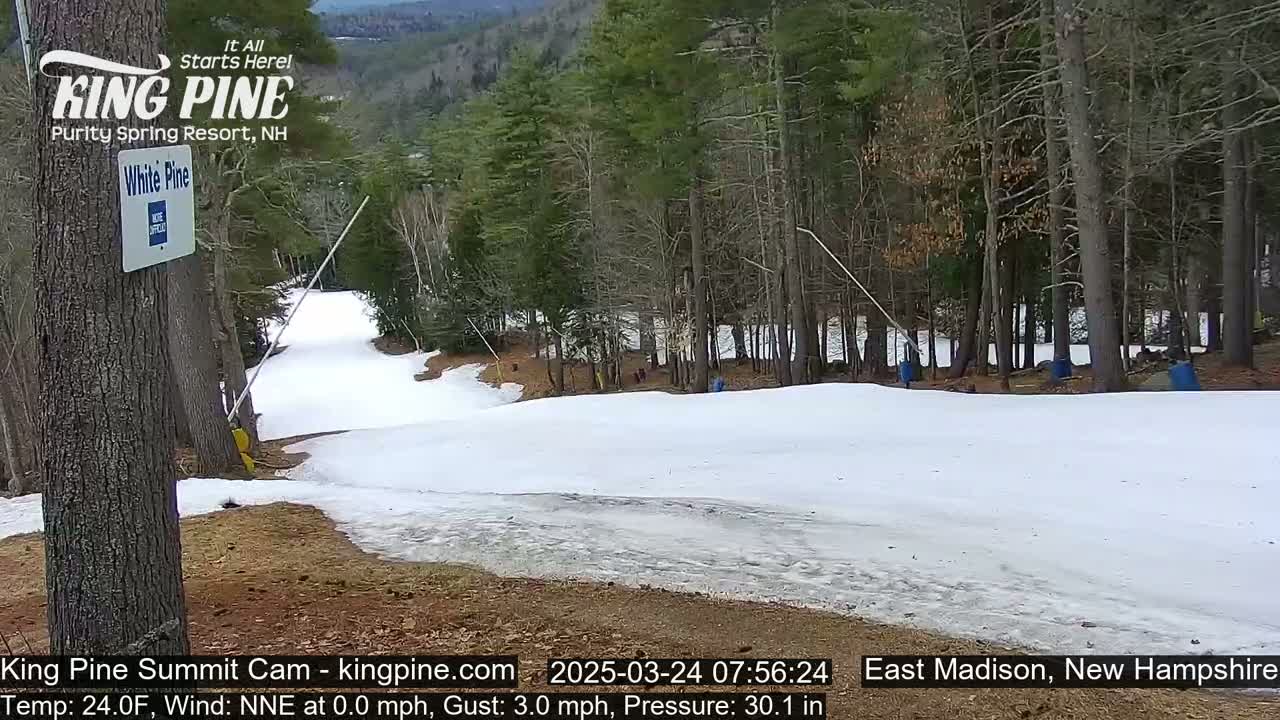 A snow-covered ski slope gently descends through a sparsely wooded area on a partly sunny day.
