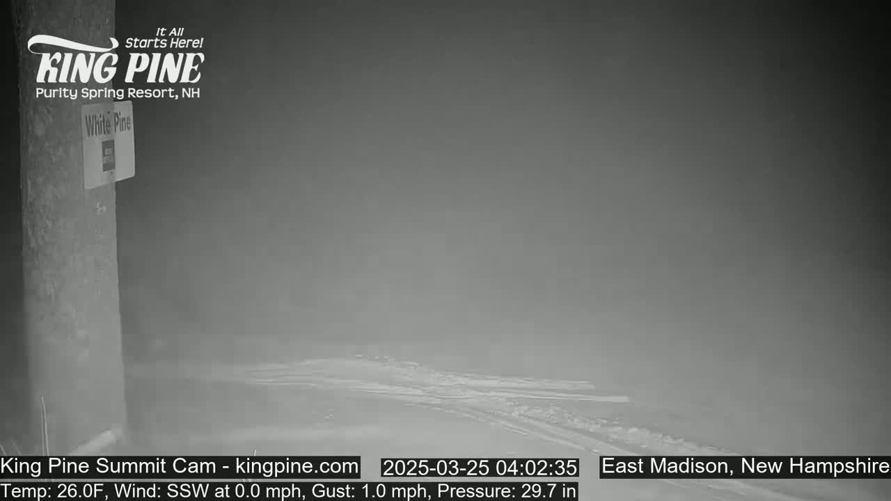 A snow-covered scene is visible through a thick fog in the early morning.