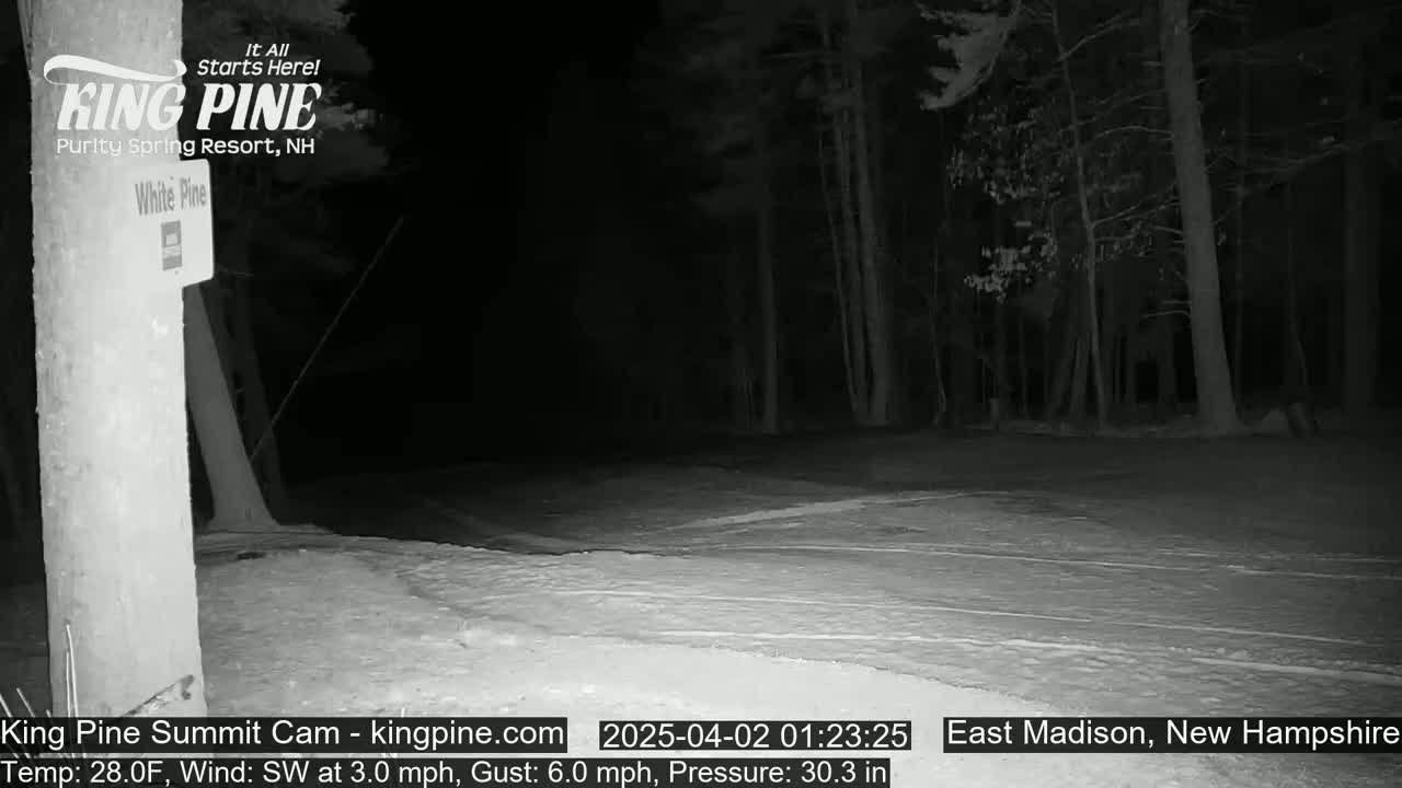A nighttime, snow-covered scene shows a wooded area with a wooden post, under a dark sky with a southwest wind.