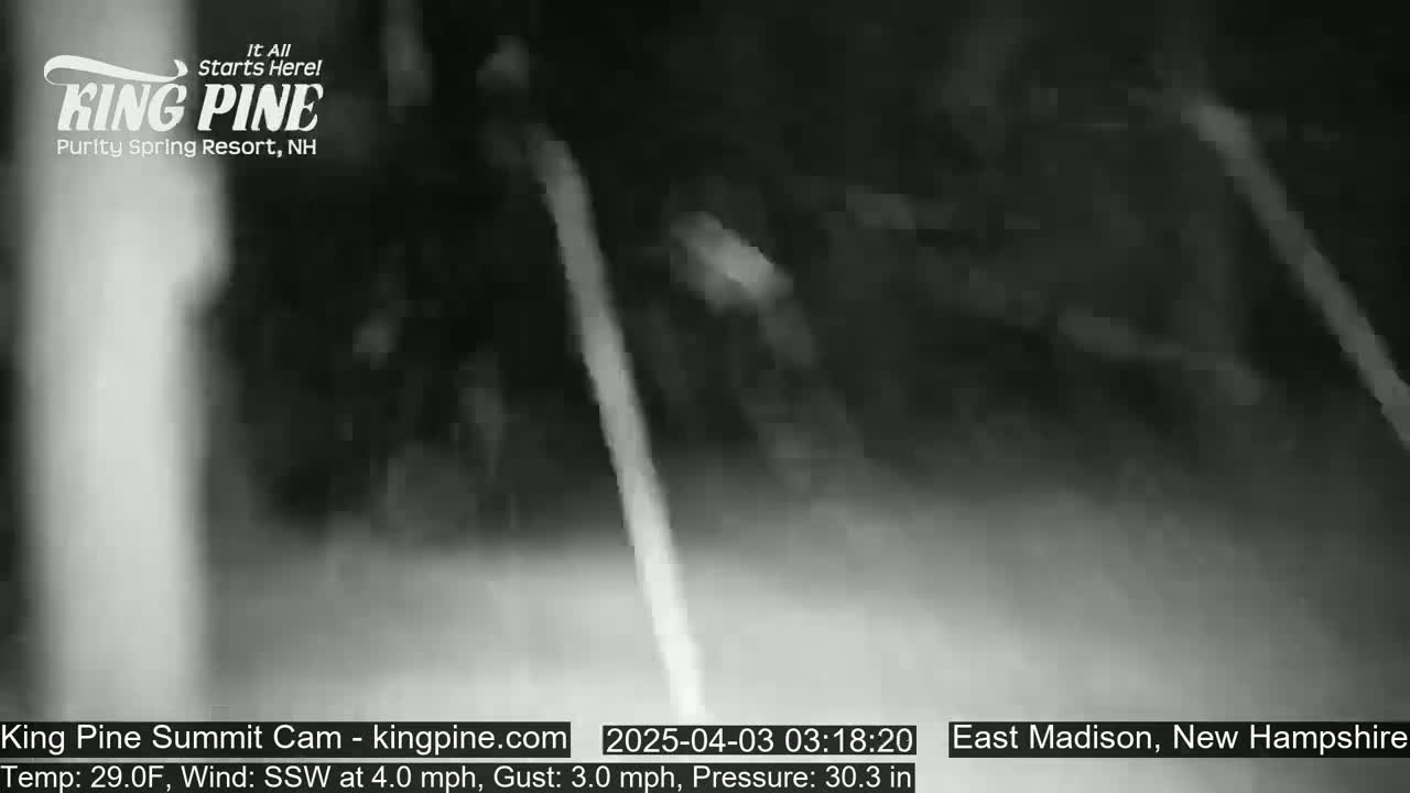 A blurry, nighttime image shows indistinct shapes in snowy conditions with a south-southwesterly wind.