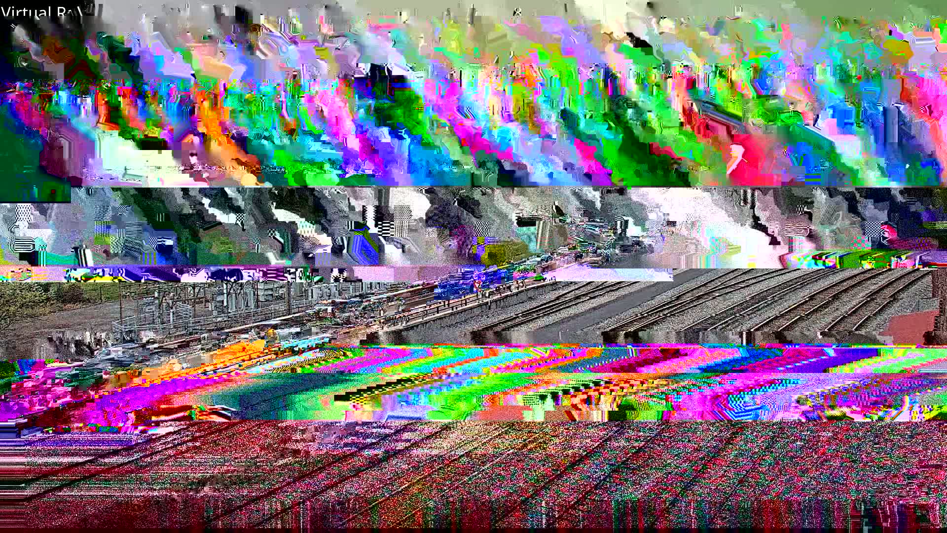 A heavily distorted image shows what appears to be a railway yard with multiple train tracks and possibly trains, overlaid with vibrant, multicolored digital artifacts.