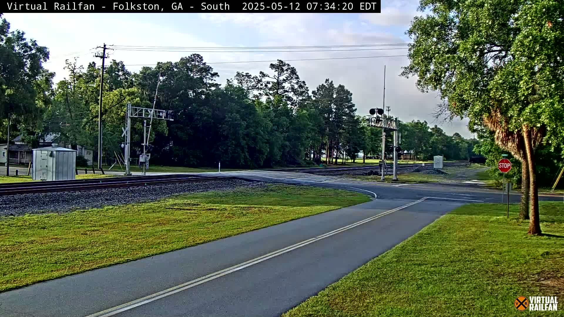 A paved road with a painted double yellow line intersects with a railroad crossing under a partly cloudy sky, surrounded by green grass and trees.
