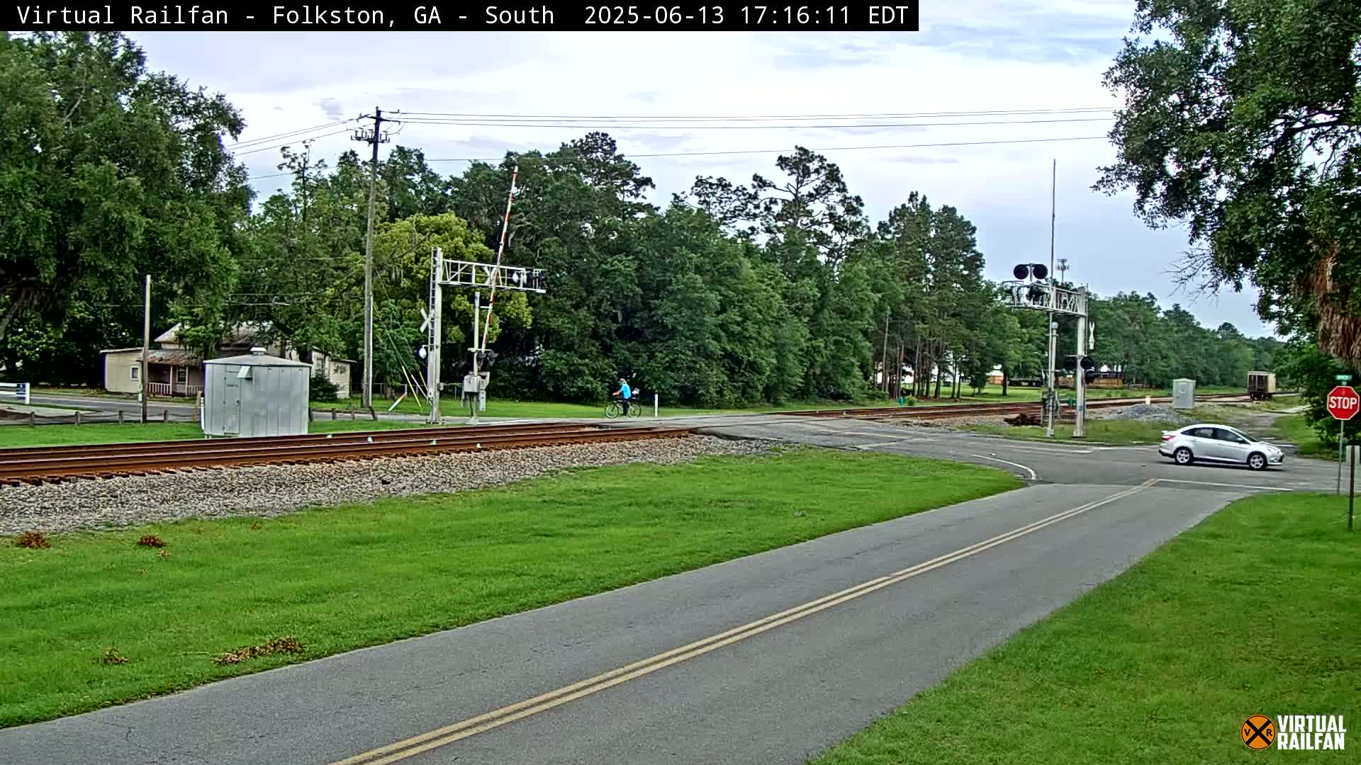 A mostly sunny day shows a cyclist crossing a railroad track near a road intersection, with a car stopped at a stop sign and a train in the distance.