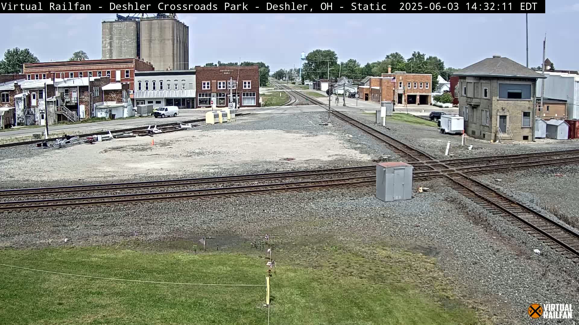 A mostly sunny view of a railroad crossing in a small town, with several buildings and grain silos visible in the background.
