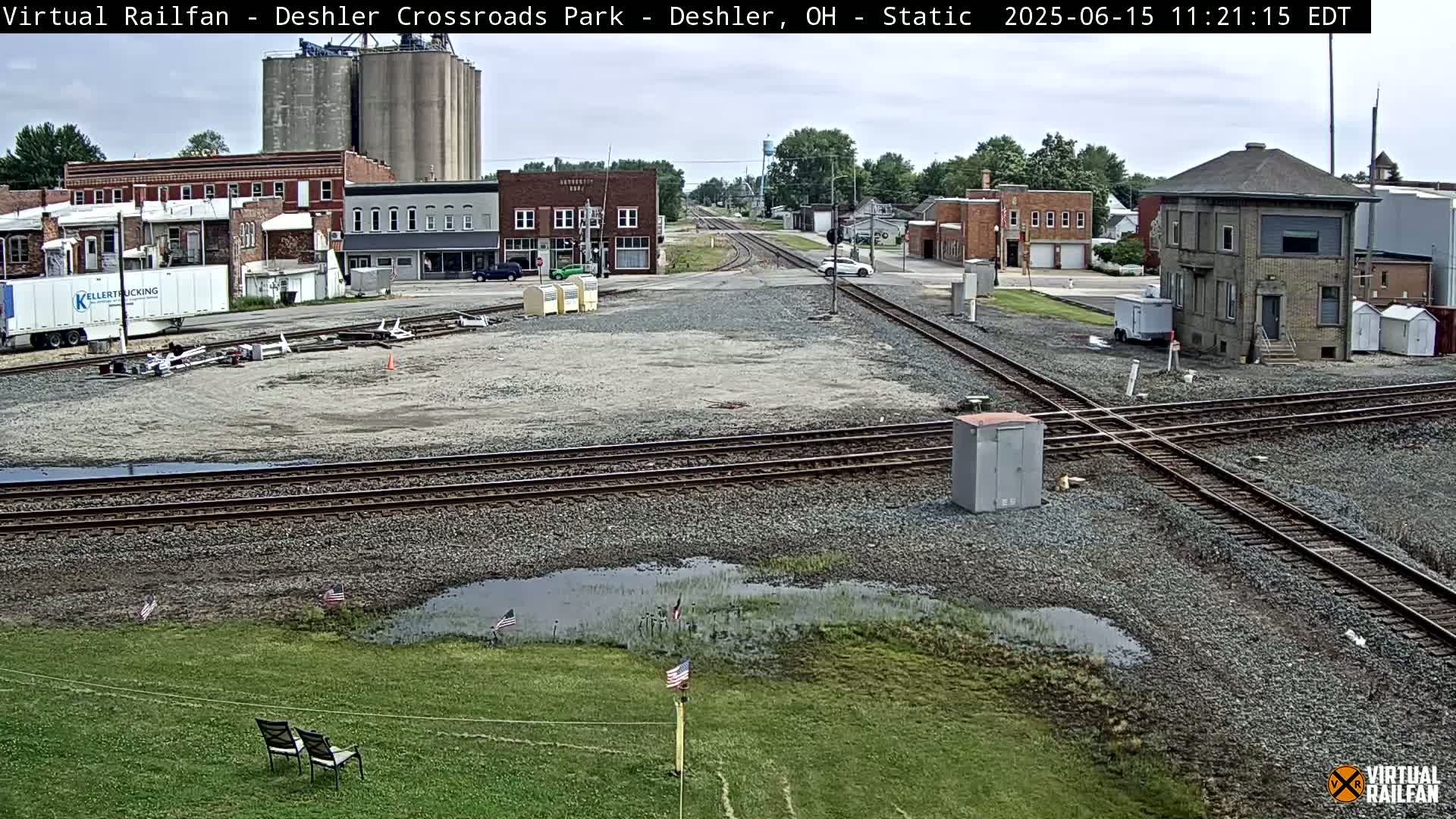 A railroad crossing in a small town on an overcast day, with several buildings, grain silos, and a few cars visible in the background.