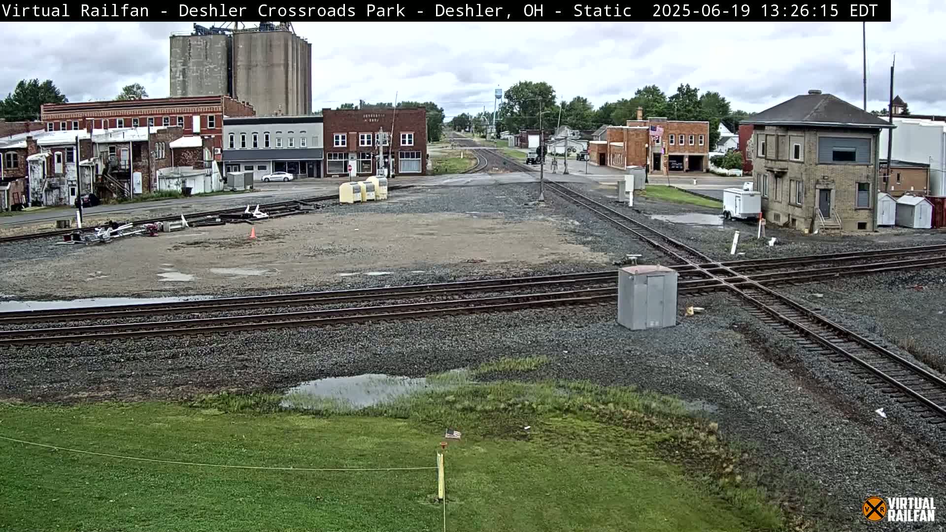 A train crossing in a small town on an overcast day, with a few puddles of water on the ground and grass surrounding the tracks.